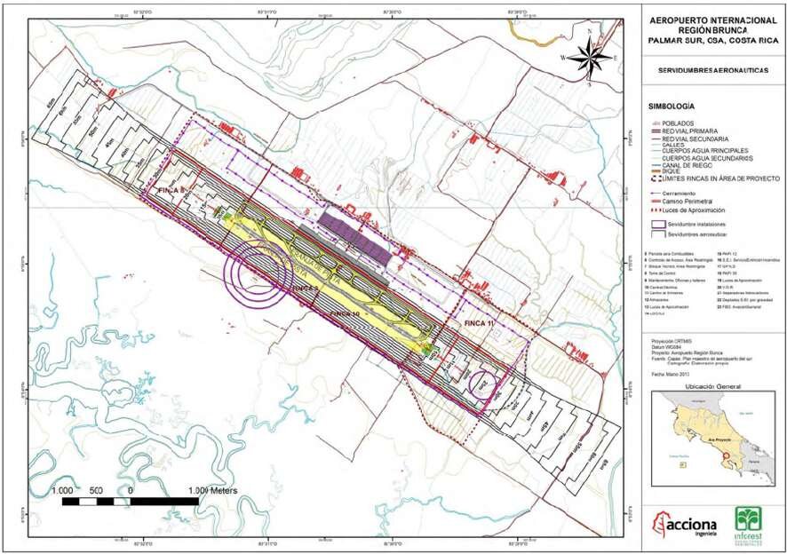 Technical site plan showing proposed runway layout across Fincas 8-11 in Palmar Sur