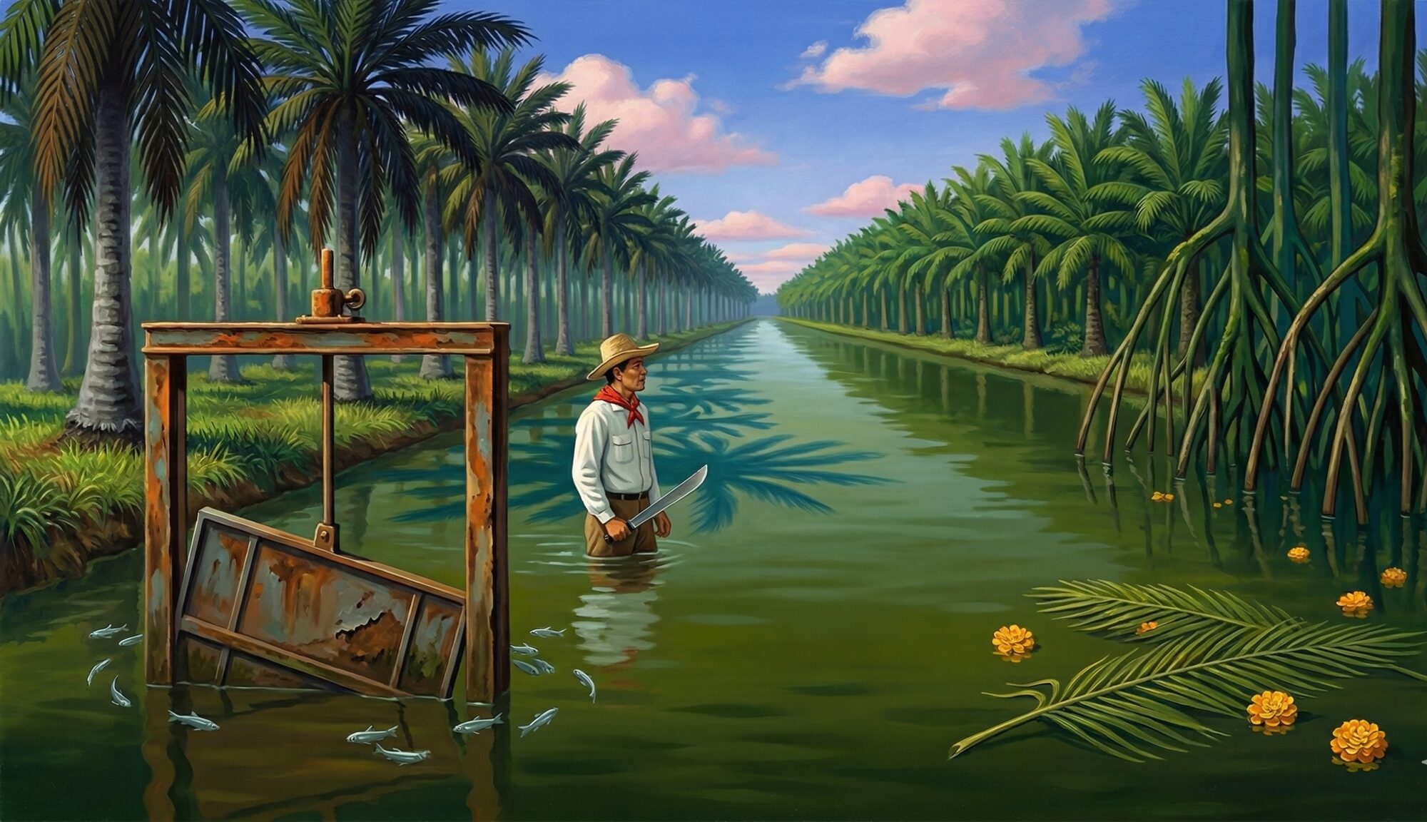 A long canal cutting through an oil palm plantation with a rusted floodgate in the foreground and a 1930s banana worker standing waist-deep in the water