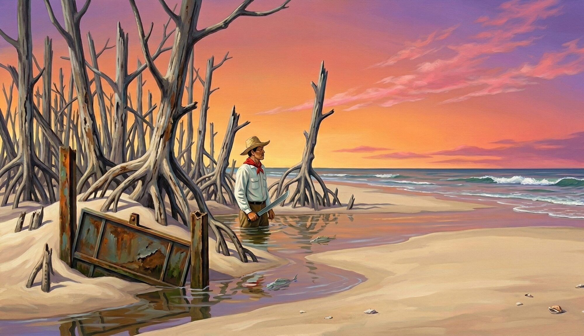 Skeletal dead mangrove trees at the delta front with sand drifted around their exposed roots, sunset sky behind