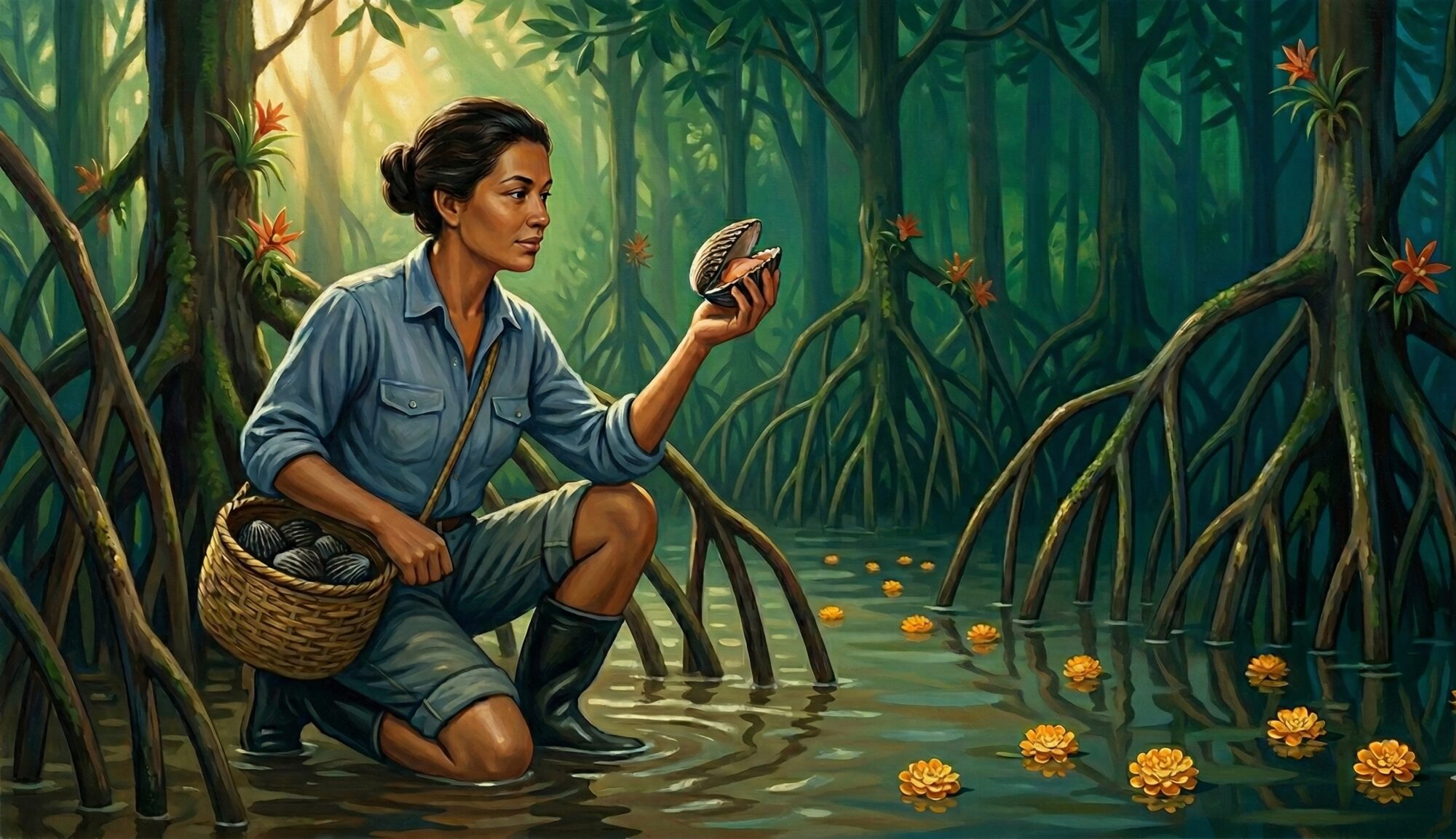 A pianguera kneeling in the mangrove roots examining a dark ribbed piangua shell held up to the light