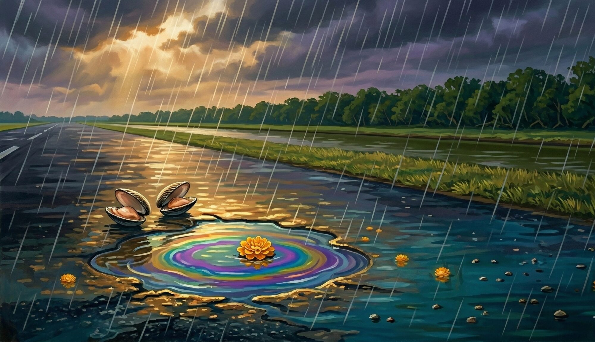 Heavy tropical rain falling on a runway edge, with a rainbow oil-sheen puddle containing a marigold blossom and two piangua shells, a canal and mangrove wall visible in the middle distance