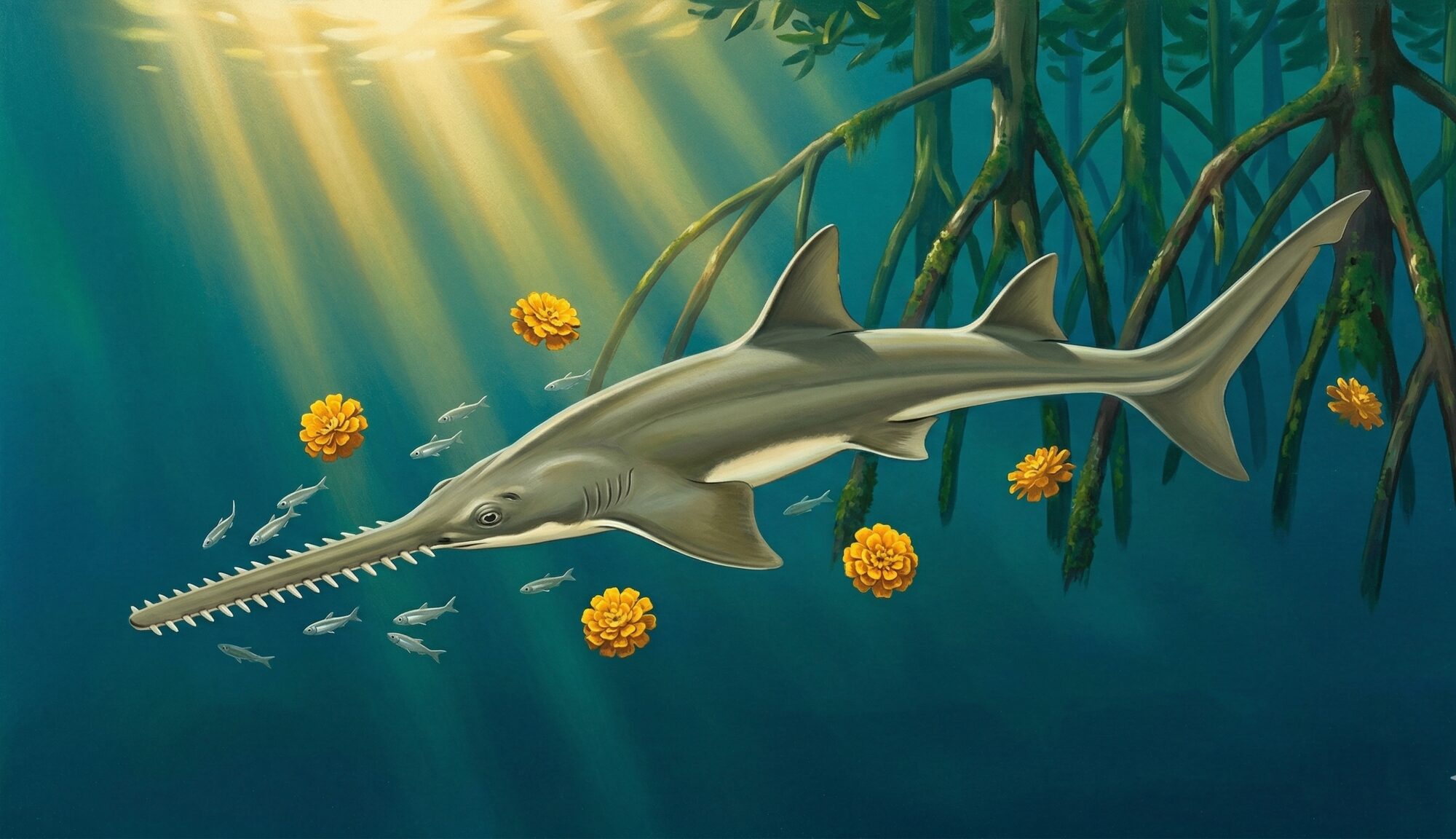 A Largetooth Sawfish swimming through sunlit water among mangrove prop roots