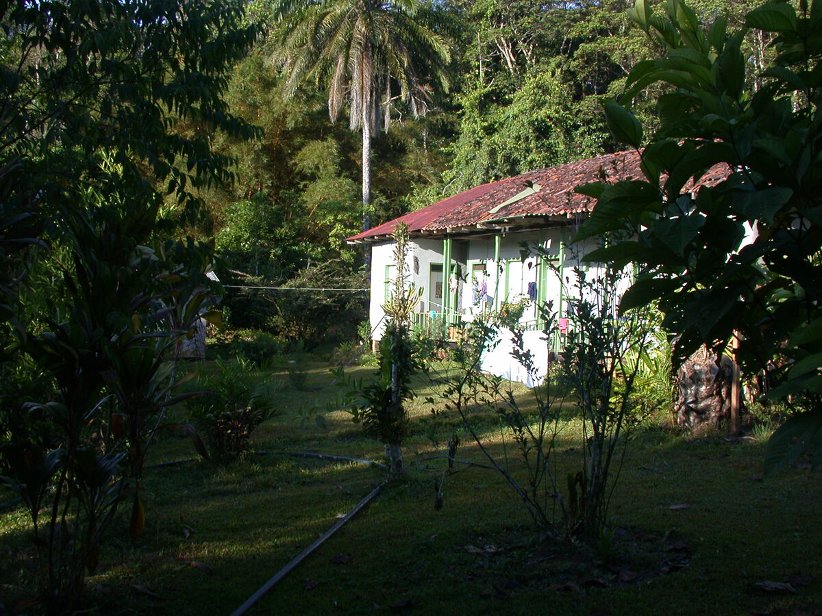 The Skutch house at Los Cusingos, a small building with a red tile roof surrounded by tropical vegetation