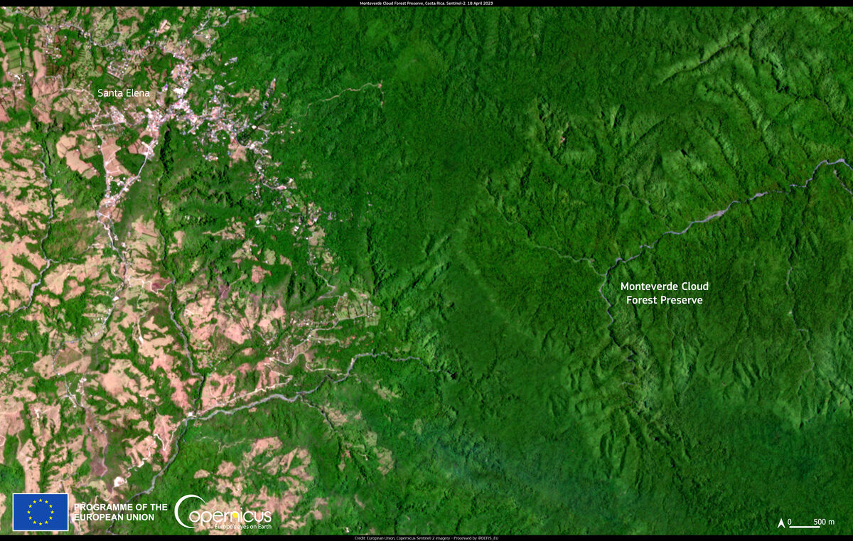 Satellite image showing Costa Rica's forest cover, with the Monteverde Cloud Forest Preserve labeled