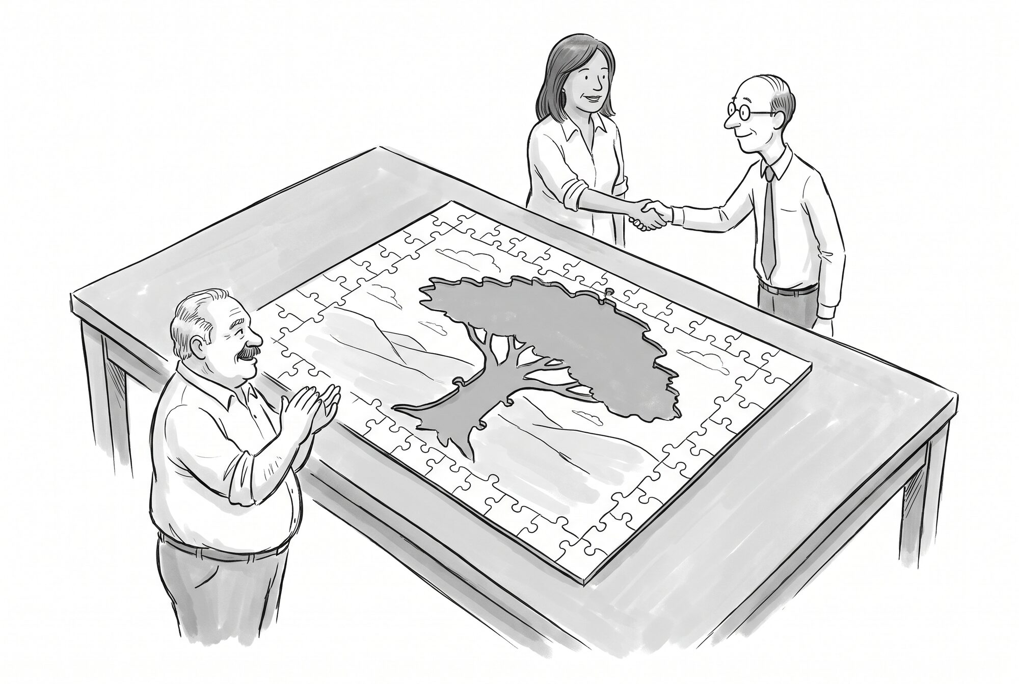 Cartoon of officials shaking hands and applauding over a jigsaw with a large tree-shaped gap in its centre.