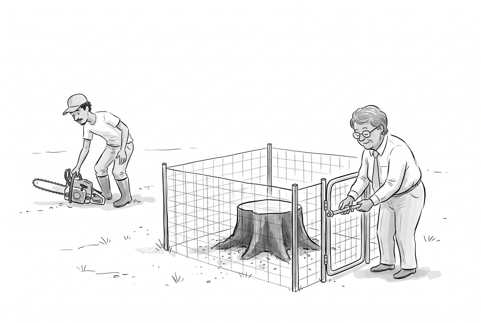 Cartoon of an official securing a fence around a freshly cut stump while a logger picks up his chainsaw.