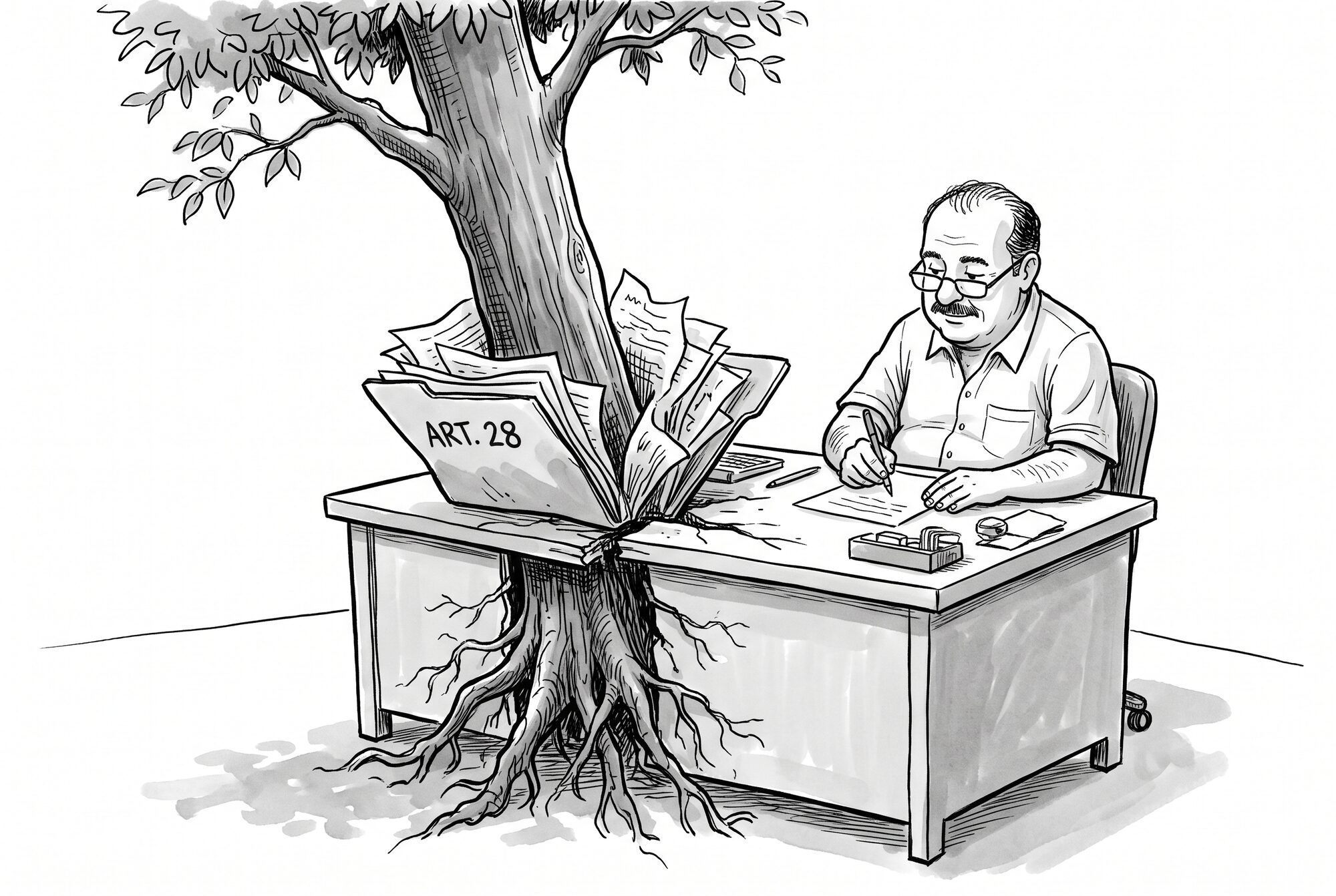 Cartoon of a clerk working beside a large tree growing through an Article 28 file and the desk.