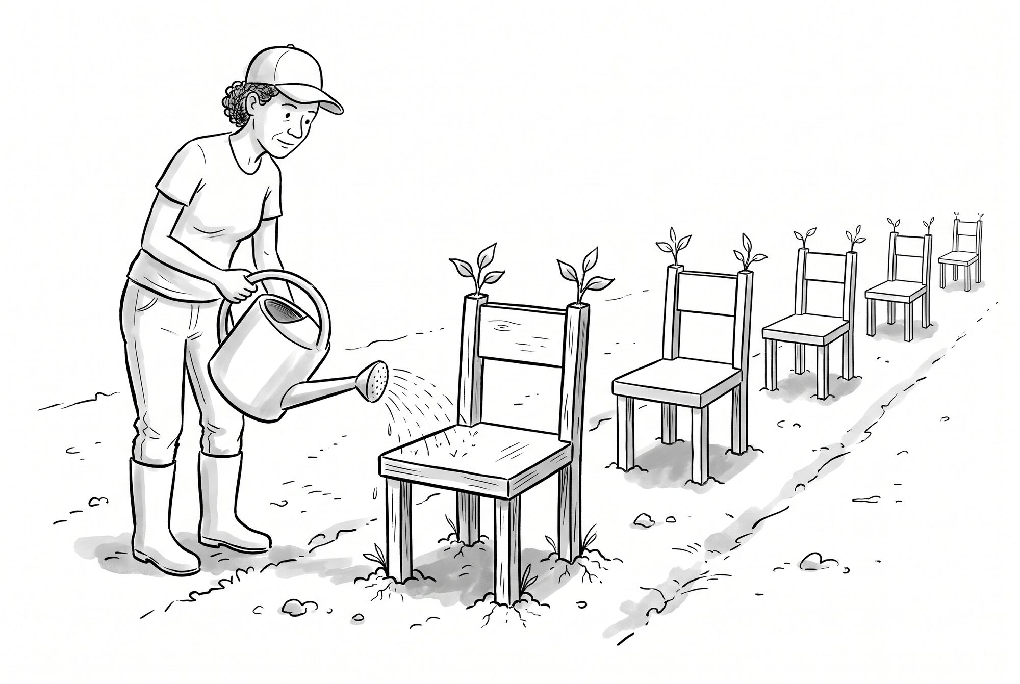Cartoon of a grower watering a row of small wooden chairs with roots in the soil and leaves sprouting from their backs.
