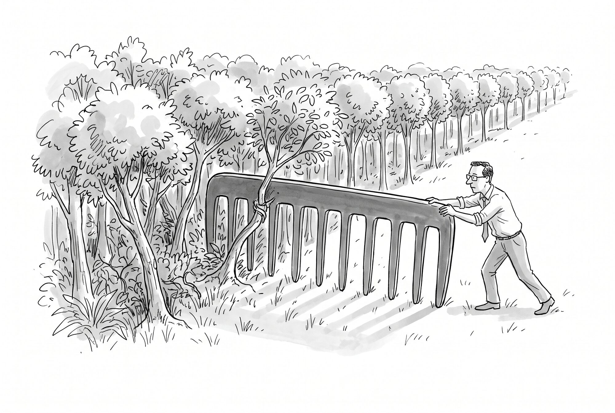 Cartoon of an official pushing an enormous hair comb into tangled woodland beside neat plantation rows, with a young tree snagged in the comb.