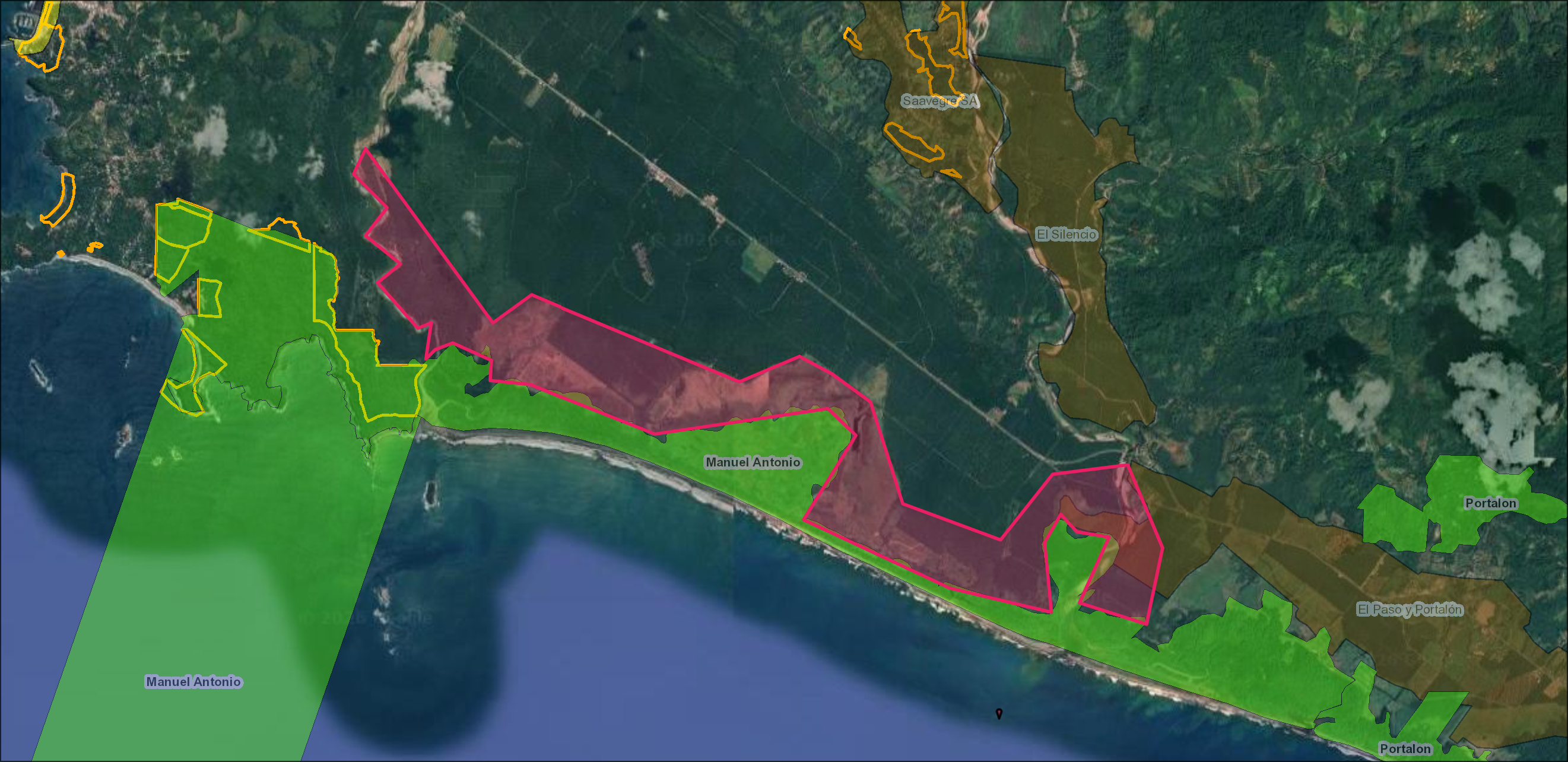 Property map showing Manuel Antonio National Park and the proposed 1,300-hectare corridor restoration zone