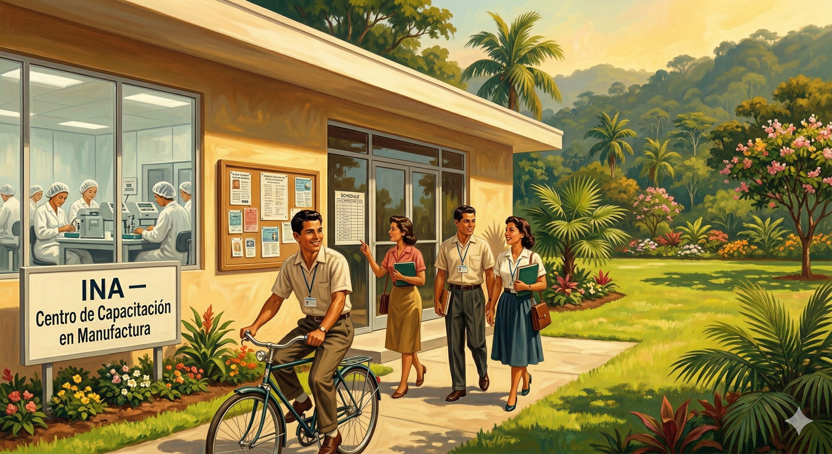 Illustration of students at an INA vocational training campus in rural Costa Rica