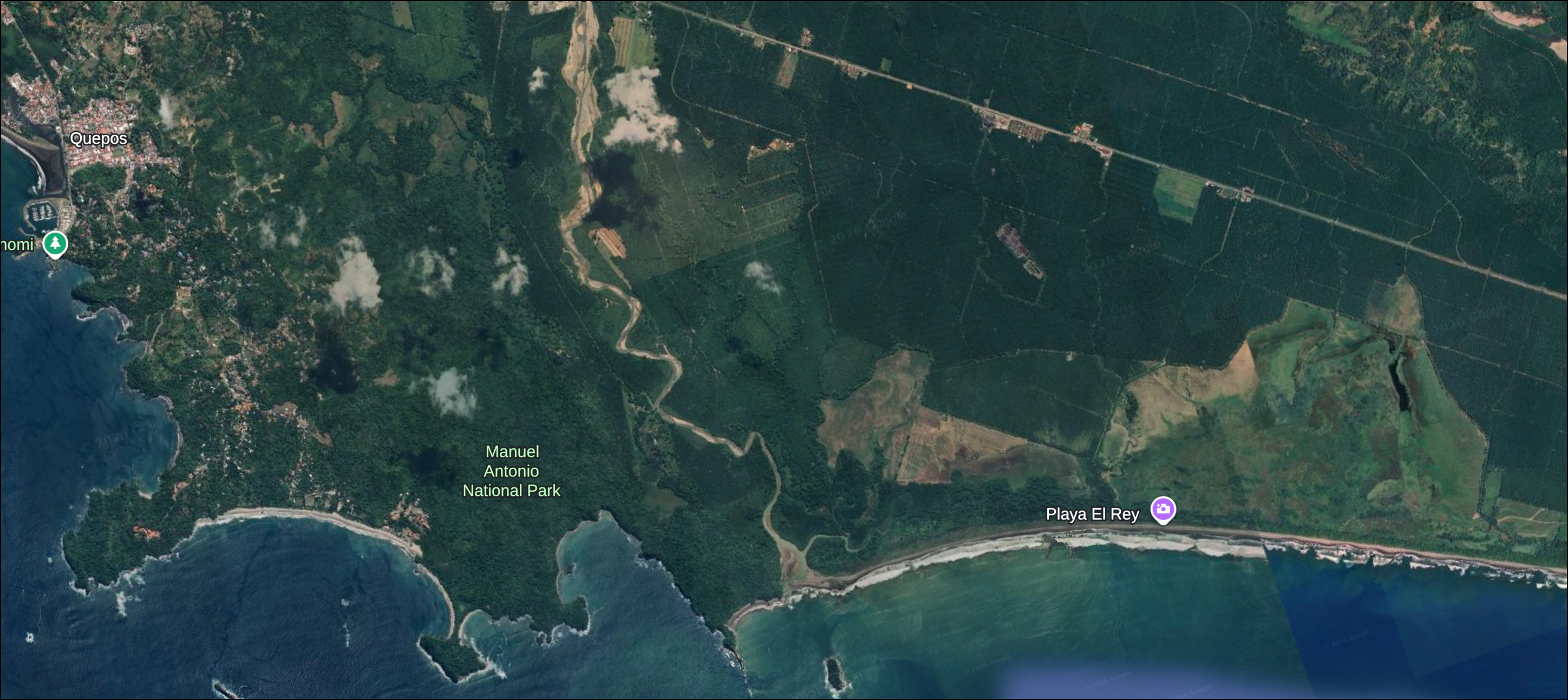 Satellite view of Manuel Antonio National Park surrounded by palm plantations