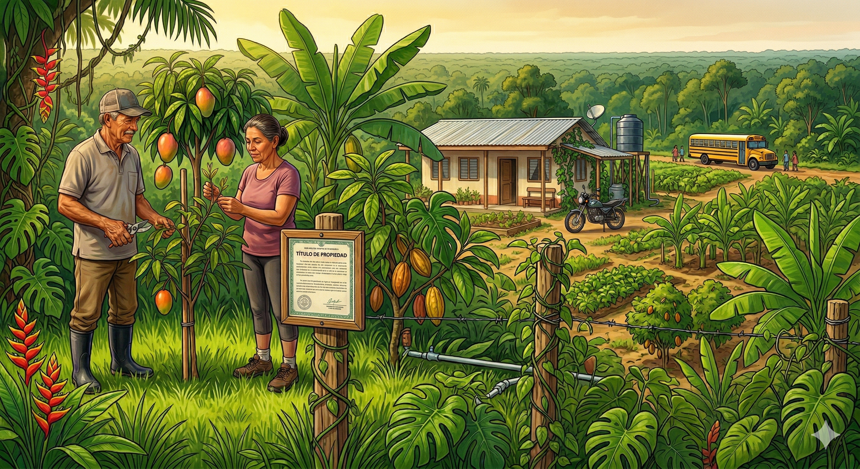 Illustration of a farming family tending fruit trees on their titled land in Palmar Sur