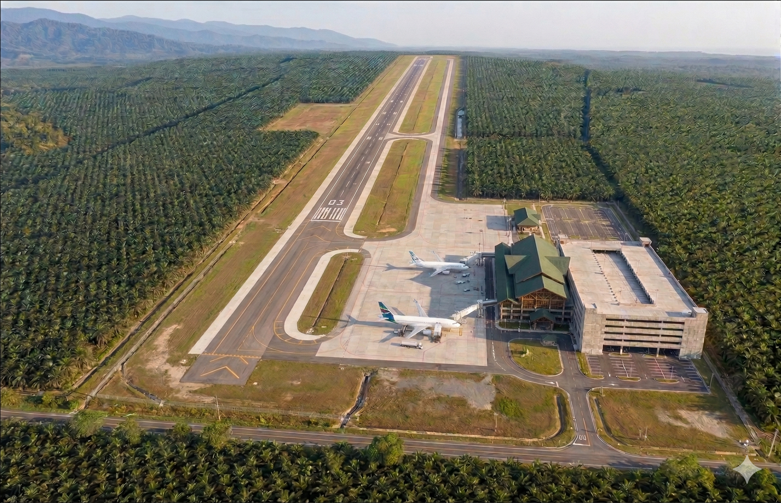 Rendering of an expanded Quepos airport with a 2,400-meter runway on palm plantation land