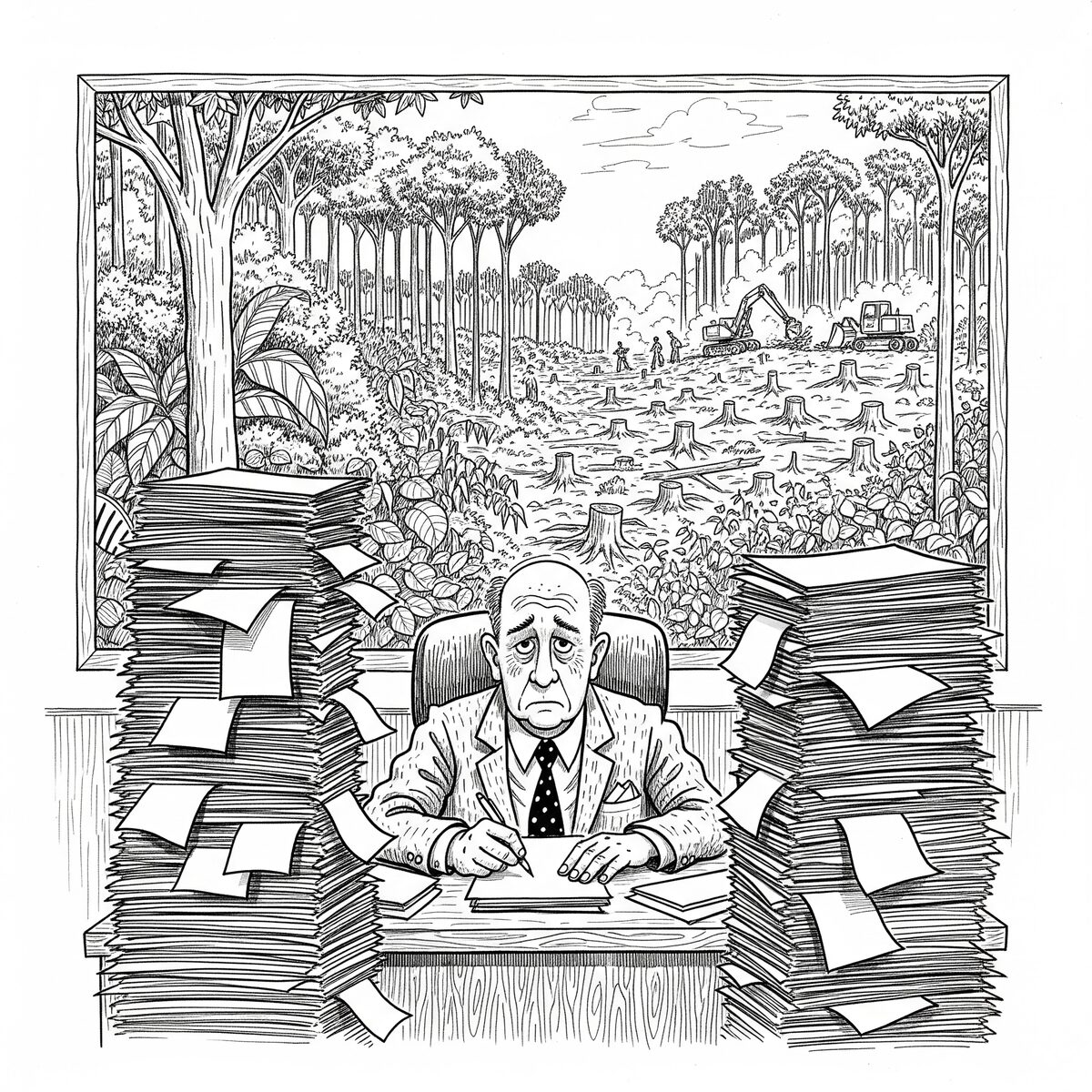 Bureaucrat buried in paperwork at a desk while deforestation is visible through the window