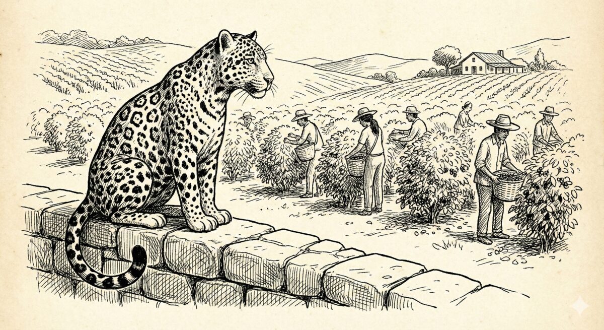 Jaguar perched on a stone wall overlooking farmworkers in fields below