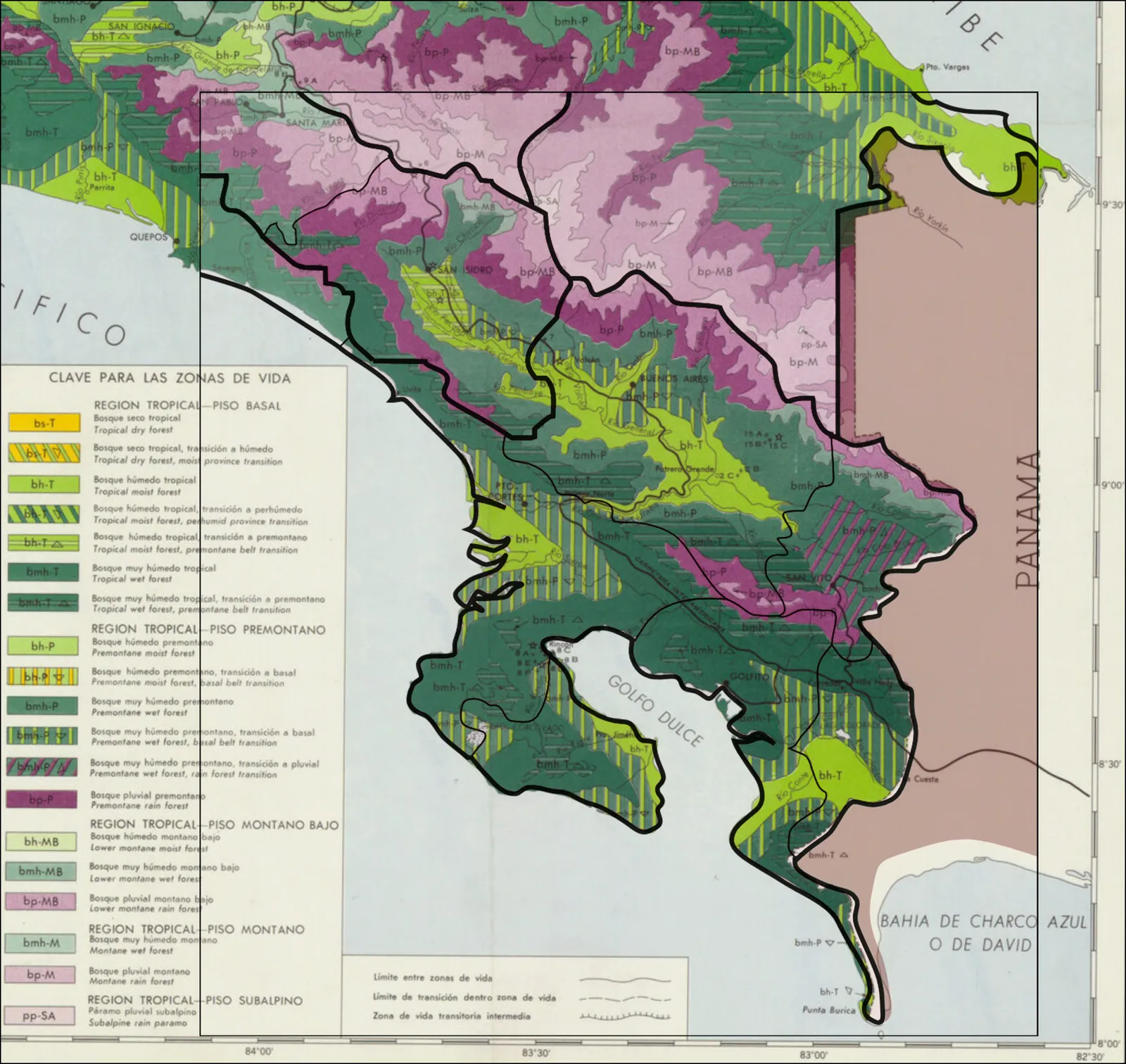 Joseph Tosi's Holdridge life zones map of Costa Rica's southern zone, showing tropical wet forest, premontane, and montane zones across the Brunca Region, the Osa Peninsula, and Golfo Dulce