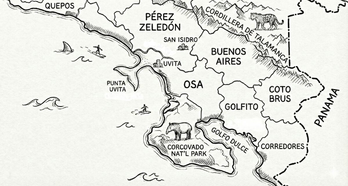 Hand-drawn map of the six cantons of Costa Rica's Brunca region