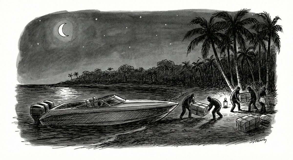 Nighttime smuggling scene on a beach with figures unloading cargo from a small plane