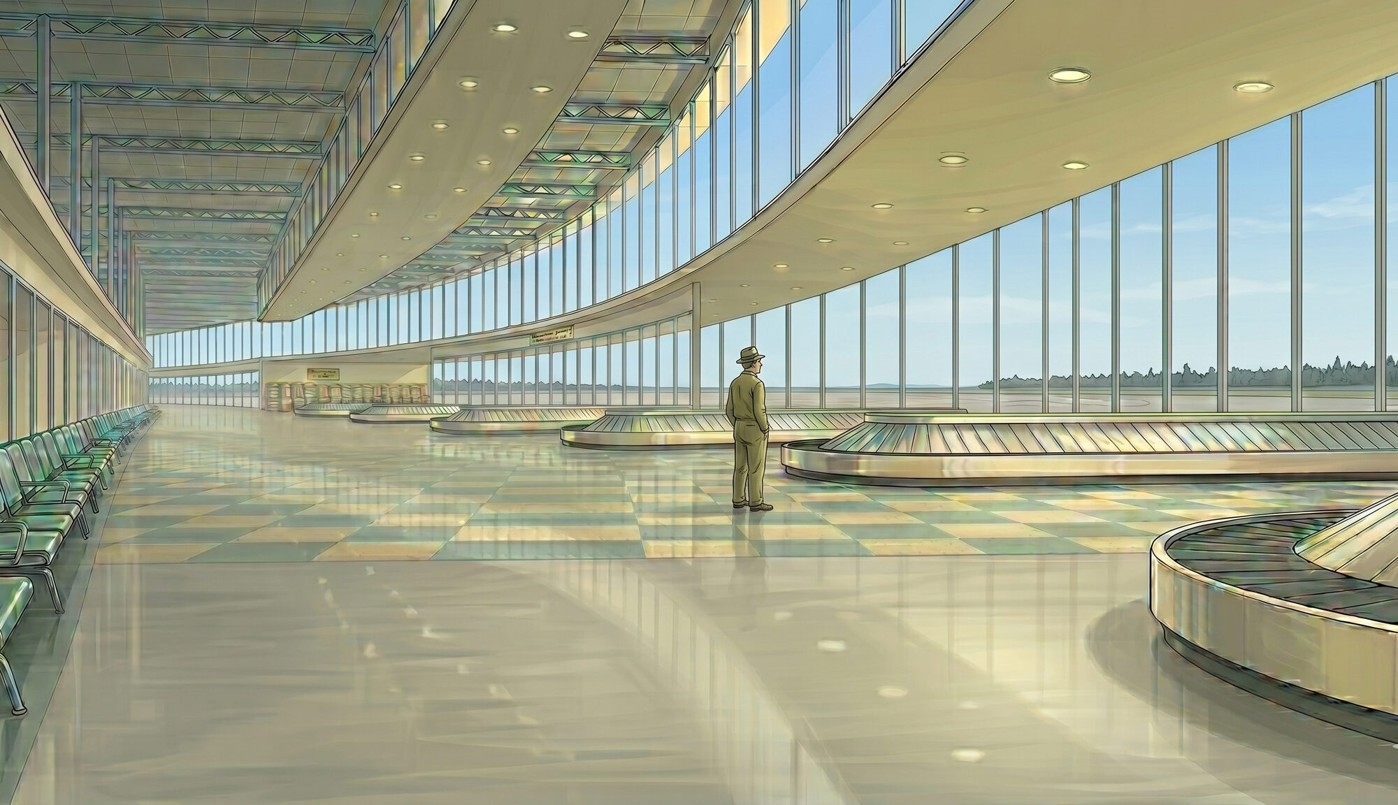 A vast international arrivals baggage hall with empty carousels rotating beneath a sweeping curved ceiling, tall plate-glass windows looking onto an empty apron, a single uniformed airport worker standing near one of the carousels
