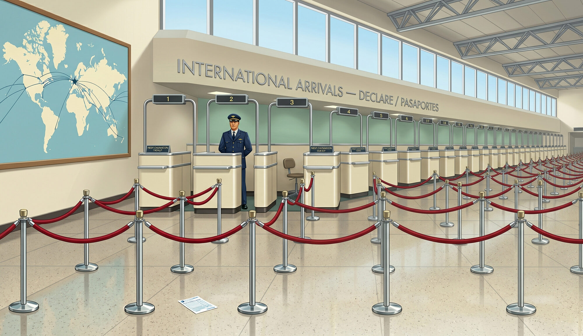 A grand international arrivals hall with a long row of immigration booths, a single customs officer standing at attention behind one booth, a serpentine empty queue marked out in cherry-red velvet-rope stanchions, and a stylised map of the world on the side wall
