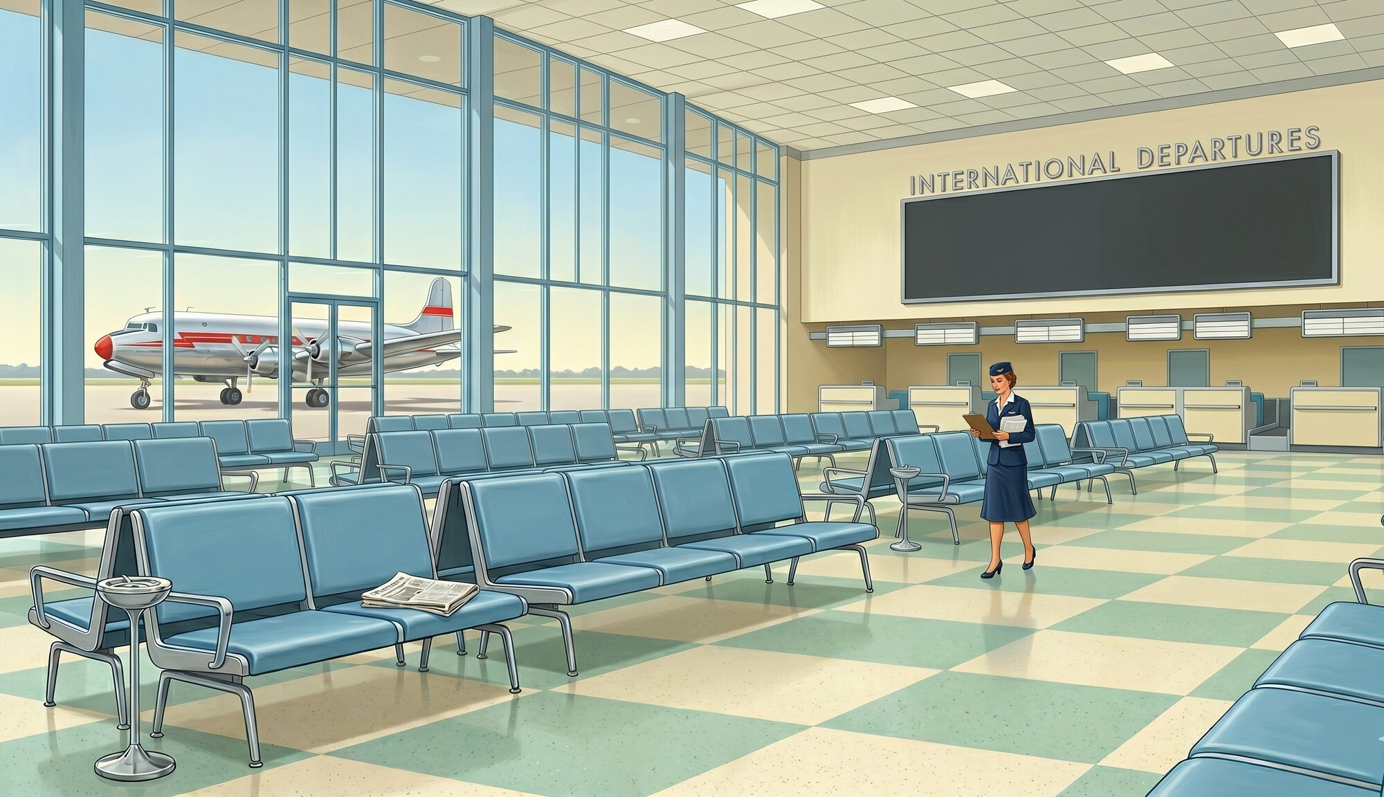Empty 1950s international departure hall with a single airline ground-staff woman walking across the floor, a blank mechanical split-flap board mounted on the back wall, and a single propeller airliner visible through a tall glass façade