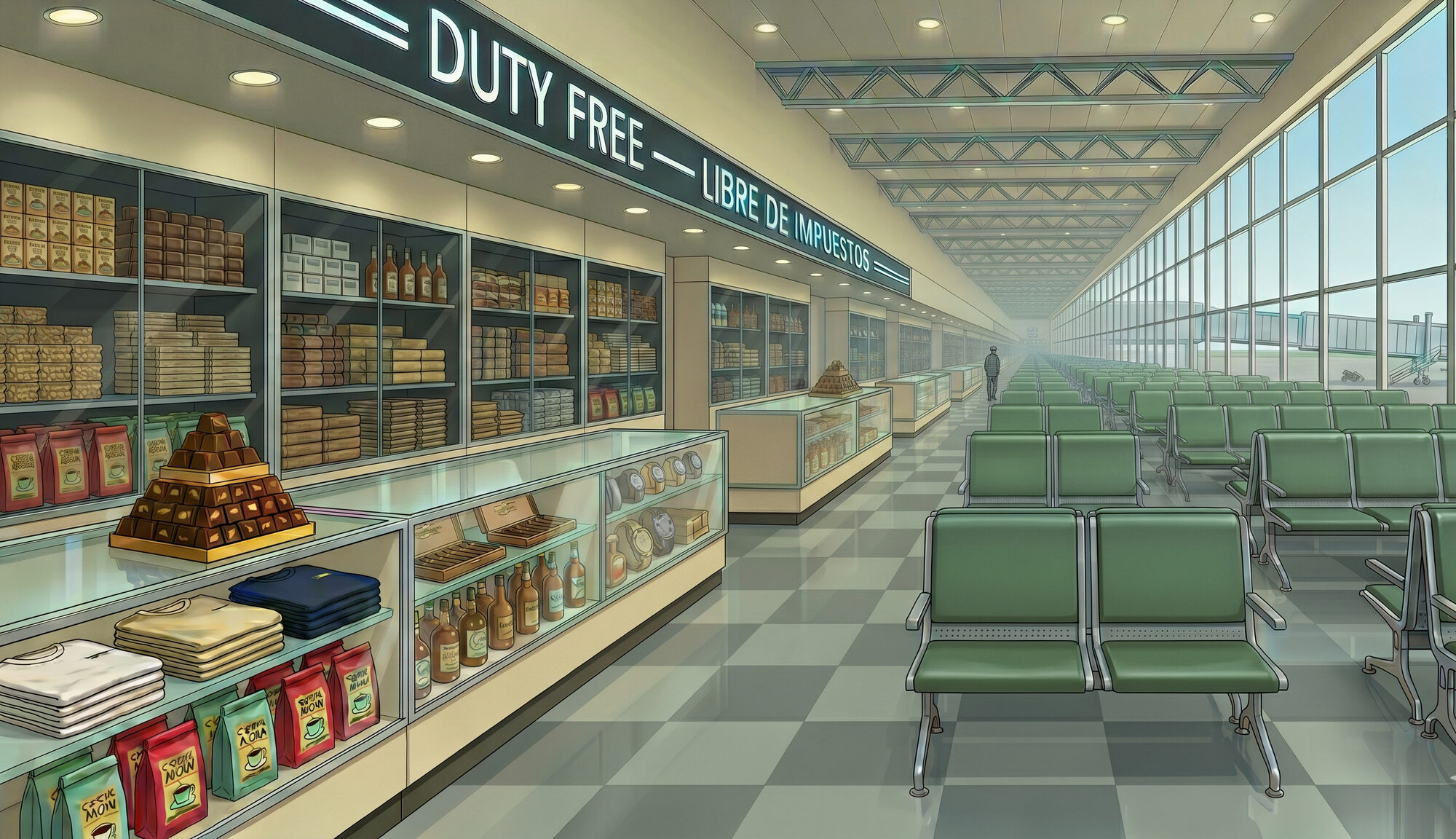 A brightly lit international duty-free arcade and gate concourse, empty rows of mint-green airport seating, a blank split-flap departures sign above an empty gate, a jet bridge visible through the back windows extending to no aircraft