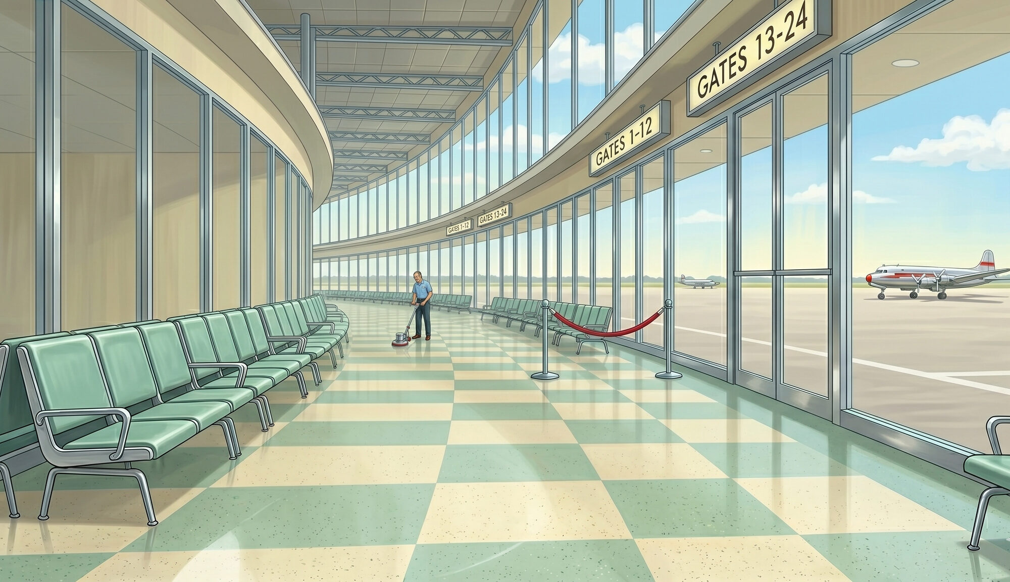 A 1950s airport observation concourse with a lone custodian polishing the floor, empty rows of chrome-and-mint seating, tall plate-glass windows looking out onto an apron, a single propeller airliner parked in the distance