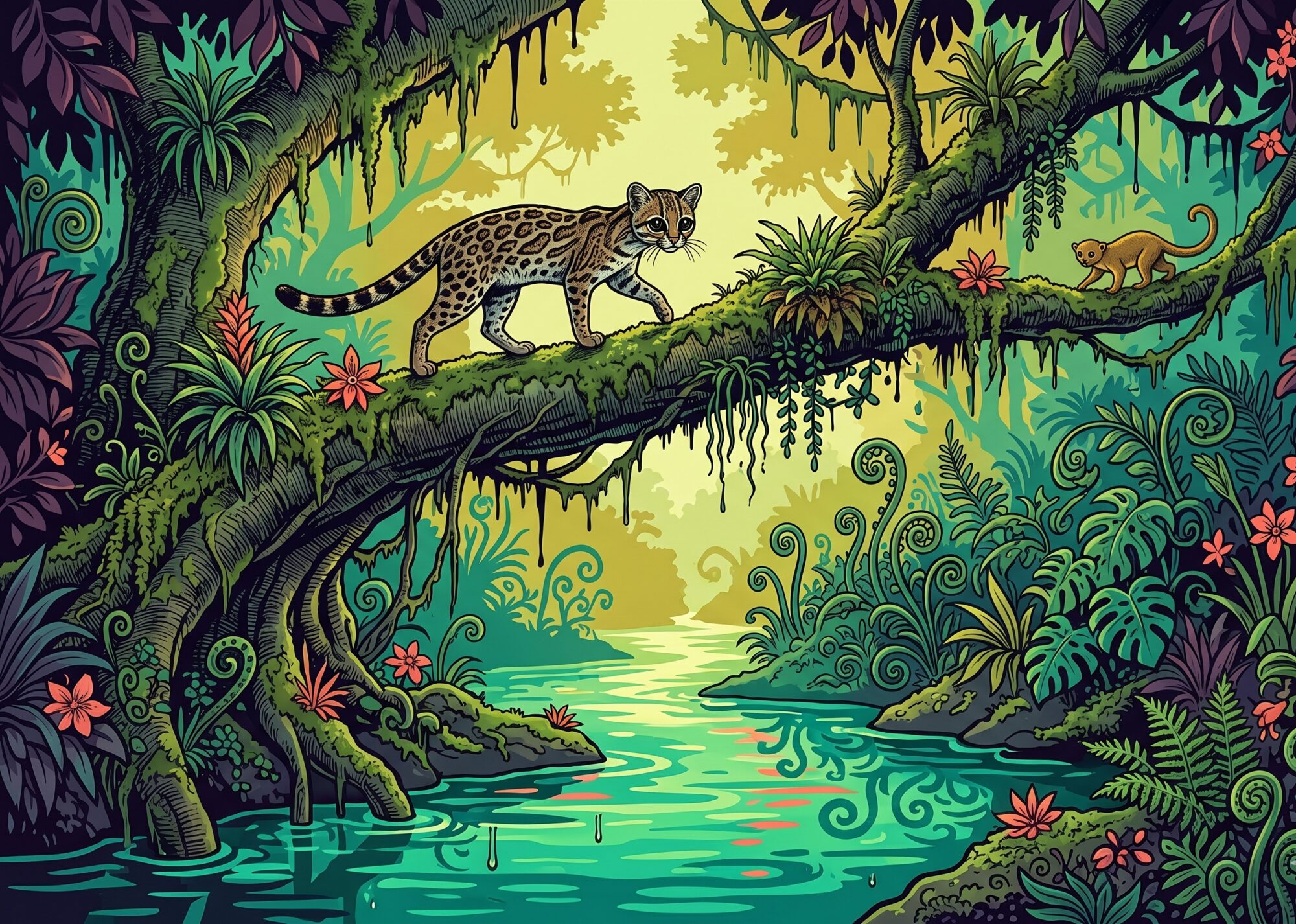 A riverside strangler fig forming a natural canopy bridge over a cloud-forest river, a margay crossing it as a kinkajou ambles the far end