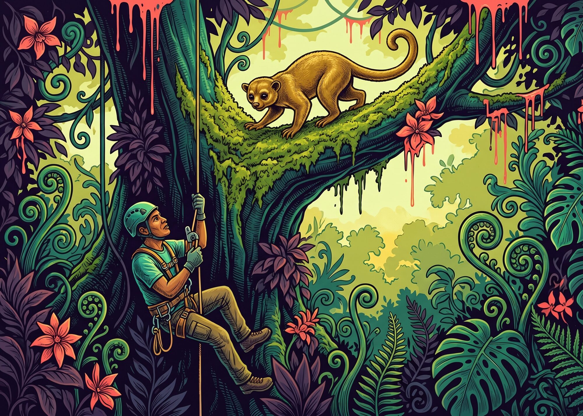 A recreational tree-climber ascending a rope toward the broad mossy fork where a kinkajou sits