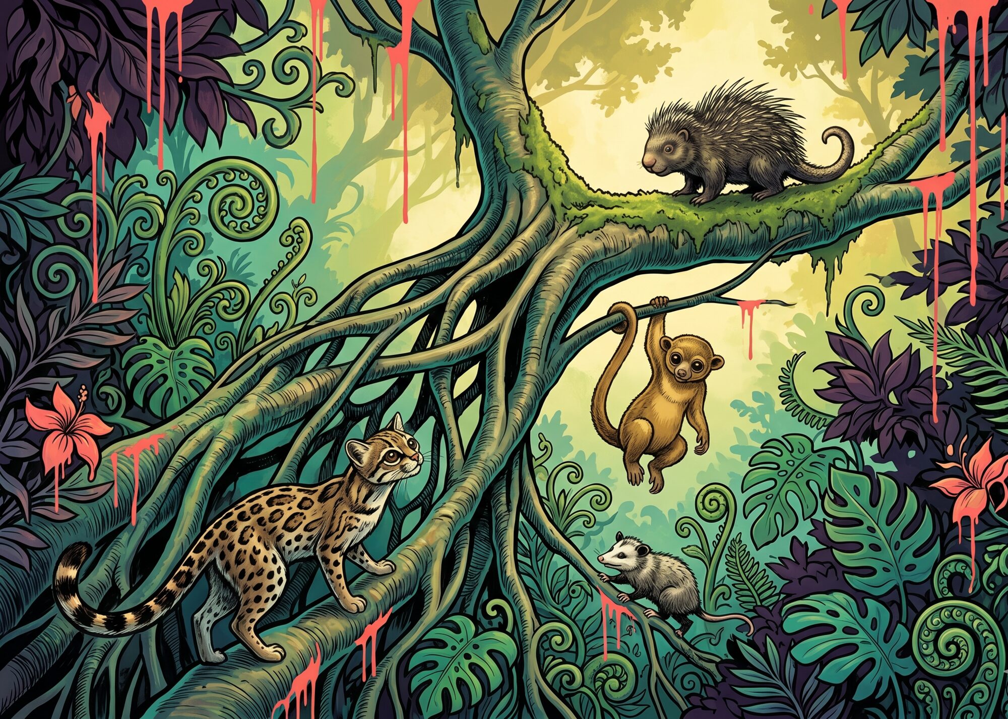 Cloud-forest mammals — a porcupine, kinkajou, margay and woolly opossum — staggered through the canopy of a giant strangler fig