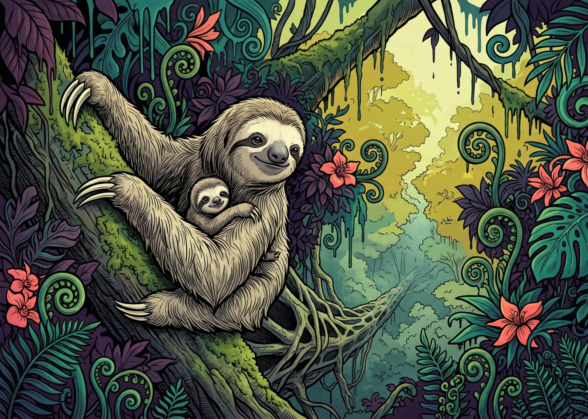 A Hoffmann's two-toed sloth carrying an infant, clinging high on a strangler fig above a long drop to the misty forest floor