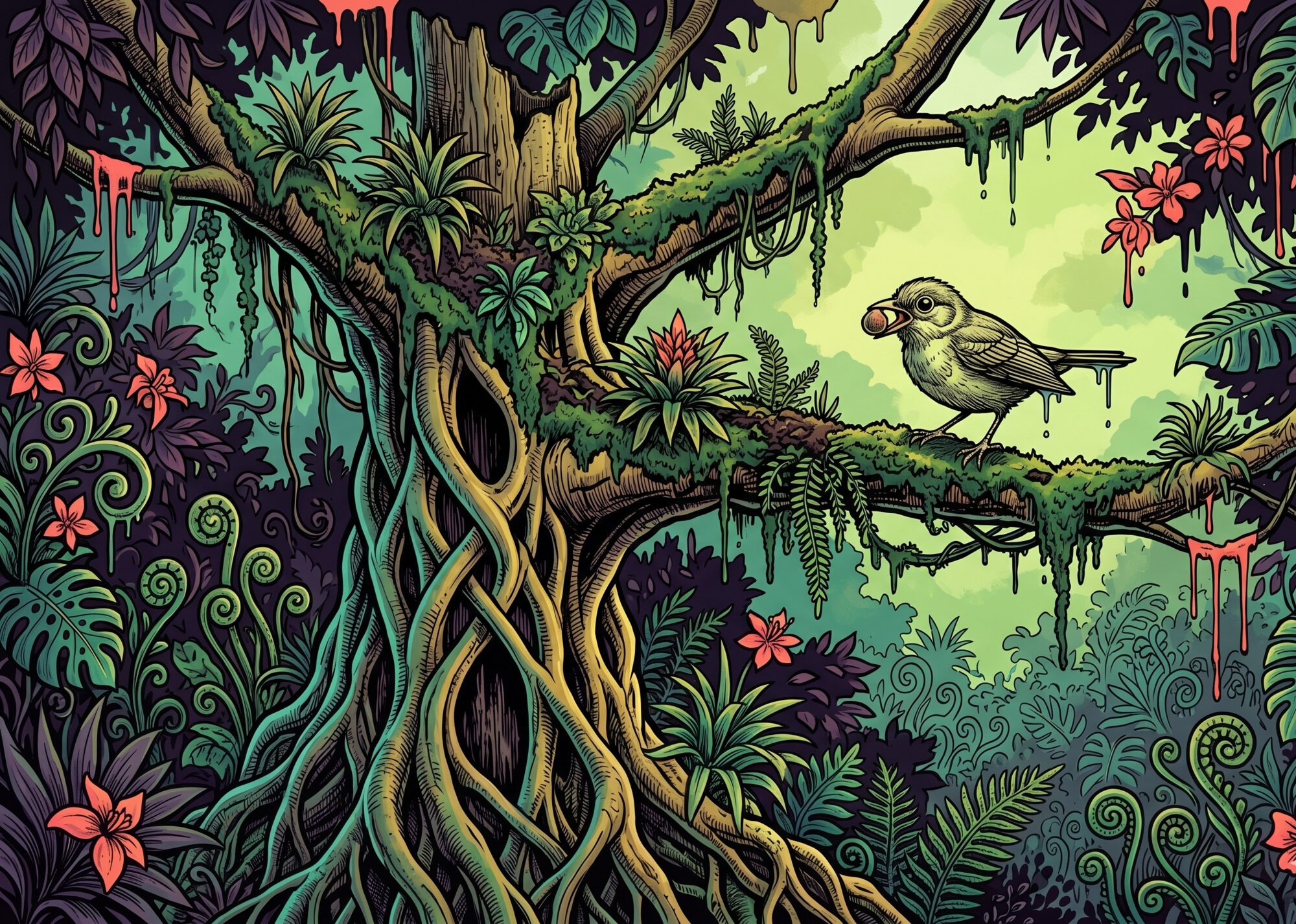 A giant cloud-forest strangler fig, its hollow lattice of fused aerial roots sheathing the dead host trunk, with a fruit-eating bird at the broad fork