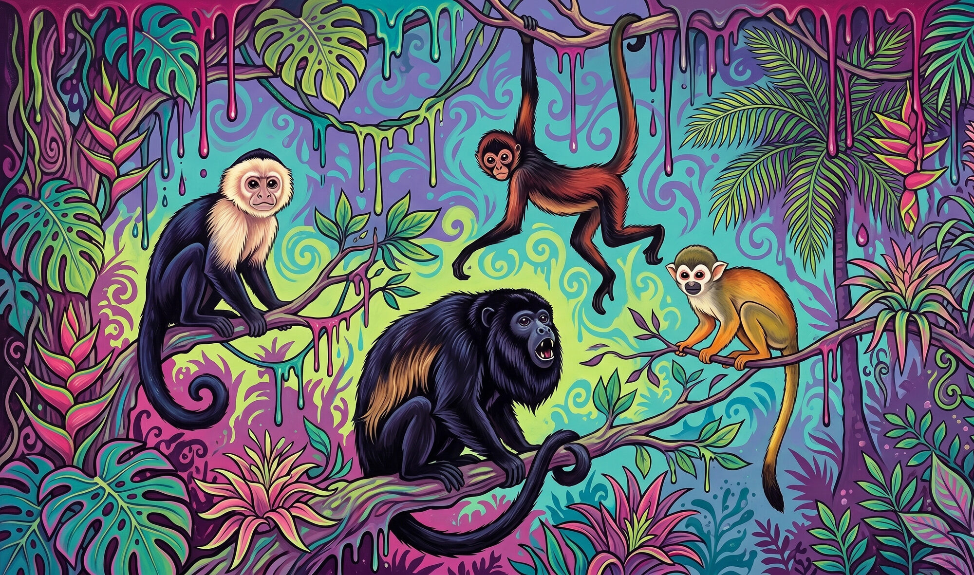 The four Costa Rican monkey species: white-faced capuchin, mantled howler, black-handed spider monkey, and Central American squirrel monkey