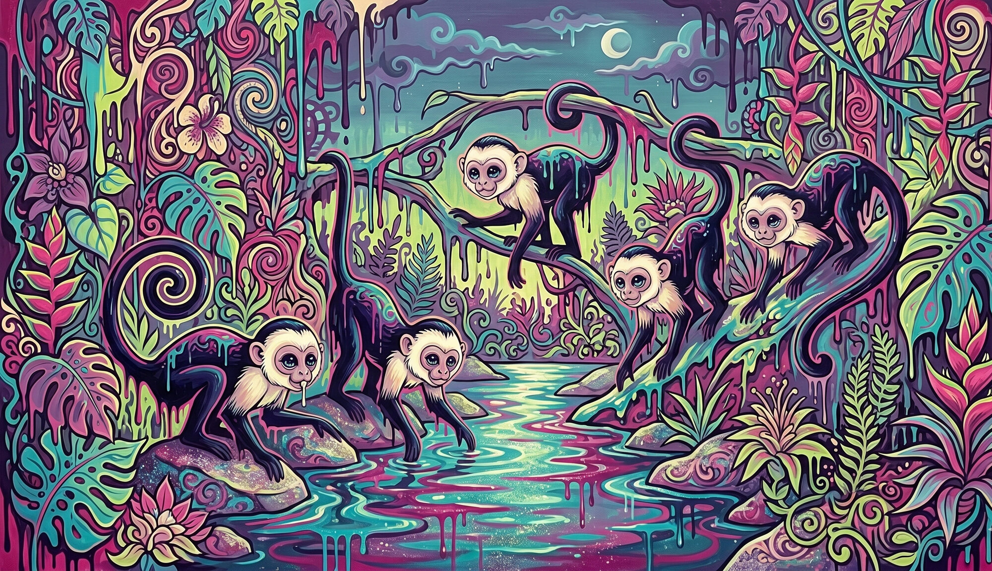 A troop of white-faced capuchins descending to drink at a gallery-forest stream