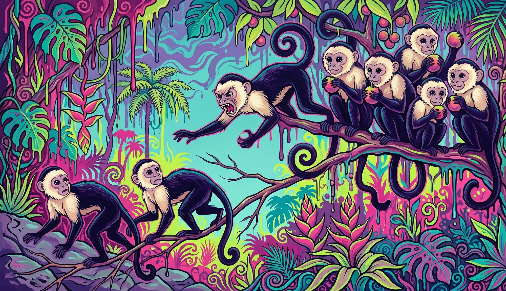 A large capuchin troop crowding a fruiting tree while a smaller troop is driven off empty-handed
