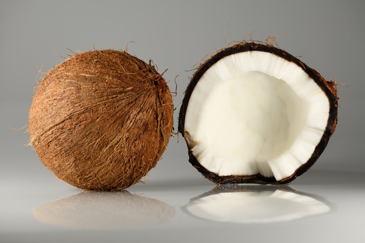 Coconut fruit showing whole and cross-section