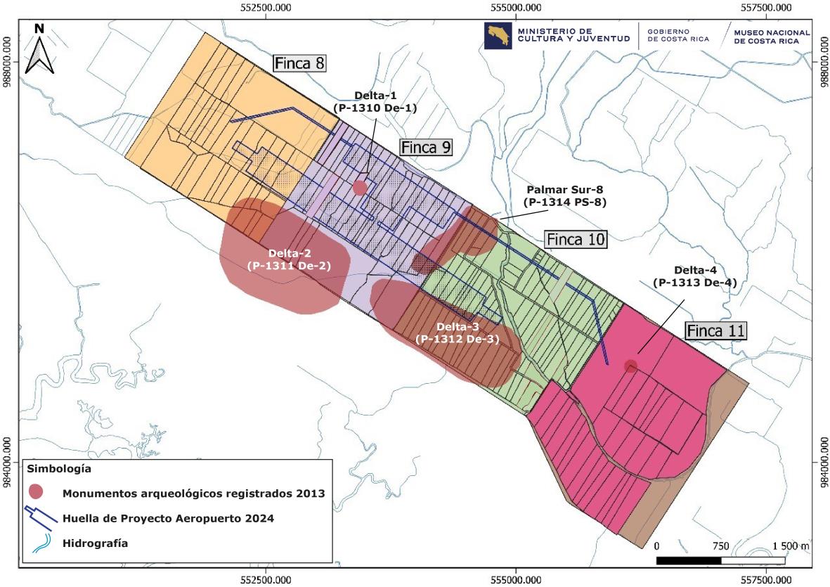 Map showing Fincas 8-11 divided by color, with archaeological monuments (Delta 1-4 and Palmar Sur 8) overlaid