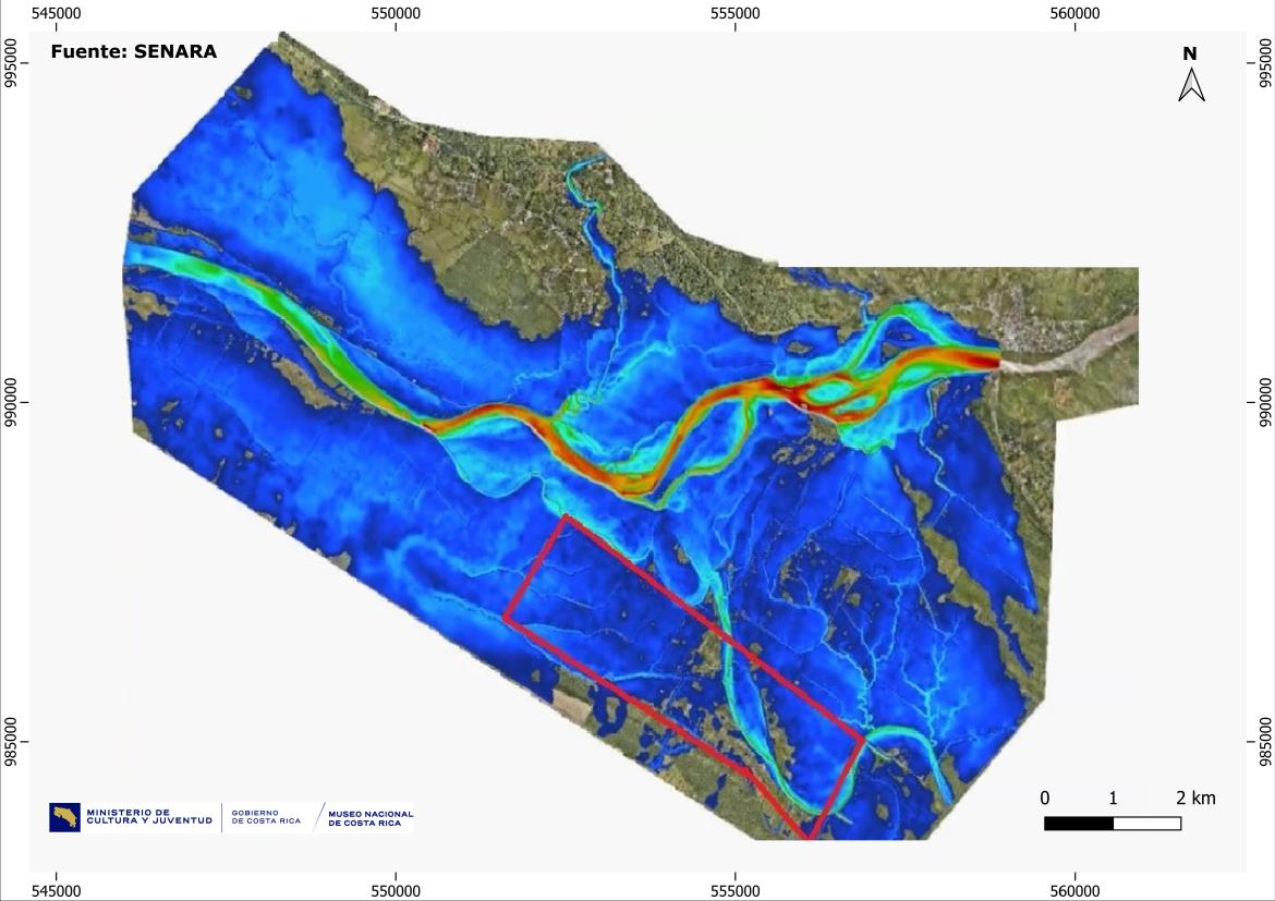 SENARA hydrological map showing historical river channels in blue gradients, with the current Térraba River channel in red-orange