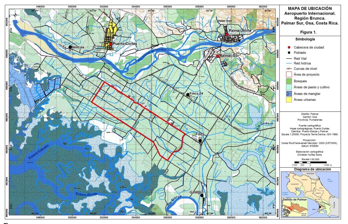 Map showing the Diquís Delta region with the project area outlined in red, surrounded by mangroves and the Térraba River system