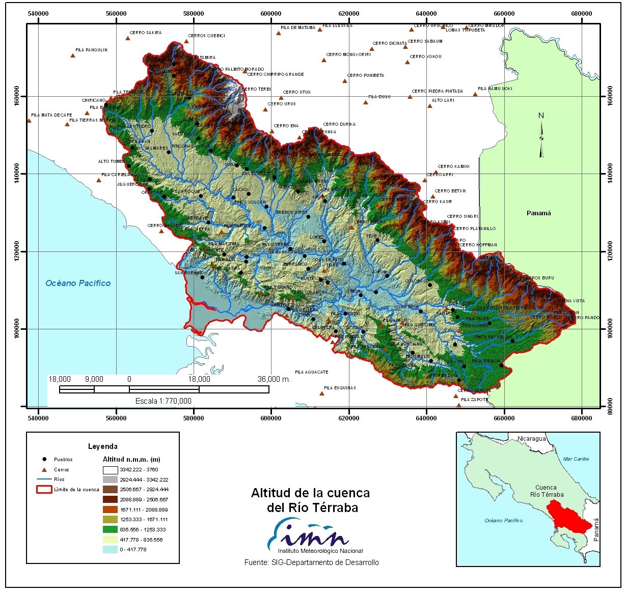 Map showing the Térraba River watershed with elevation data and river network
