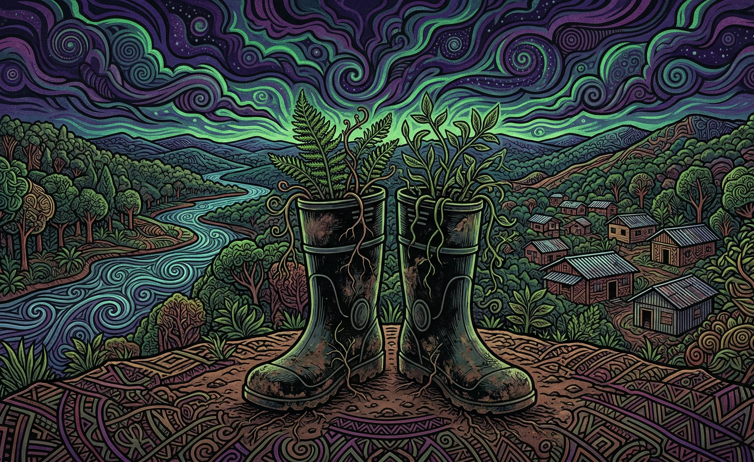 Indigenous psychedelic pop art illustration of land defenders