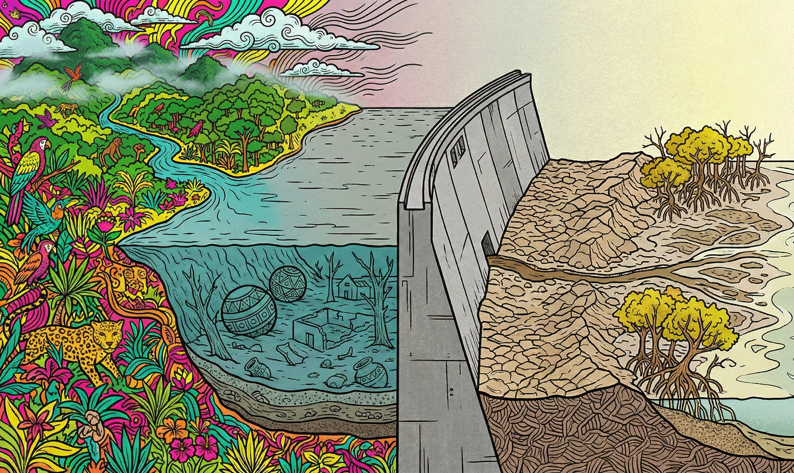 Indigenous psychedelic pop art illustration of a landscape being drowned by a dam reservoir
