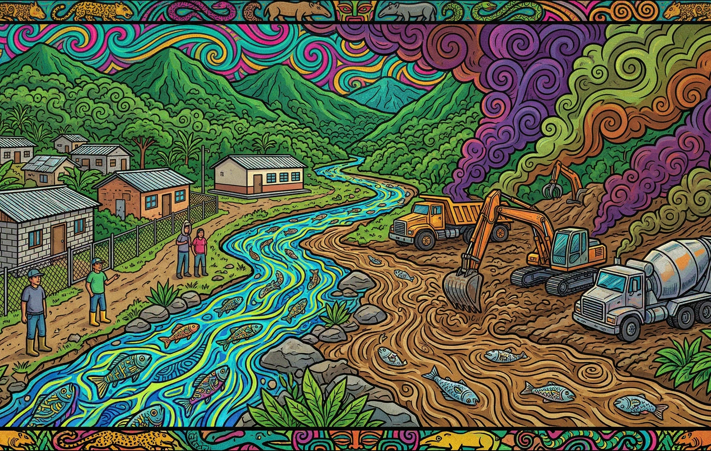 Indigenous psychedelic pop art illustration of trucks and machinery entering indigenous territory
