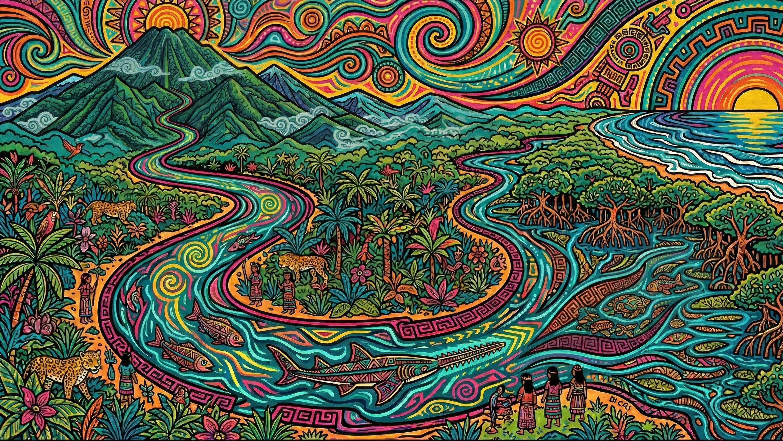 Indigenous psychedelic pop art illustration of the Térraba River
