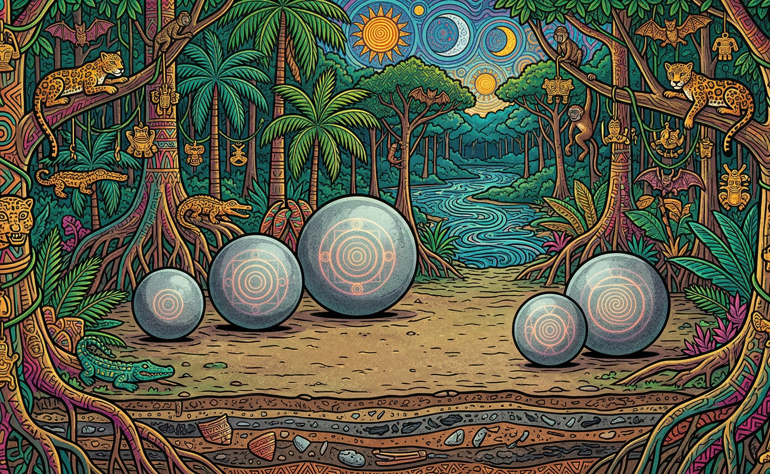 Indigenous psychedelic pop art illustration of stone spheres