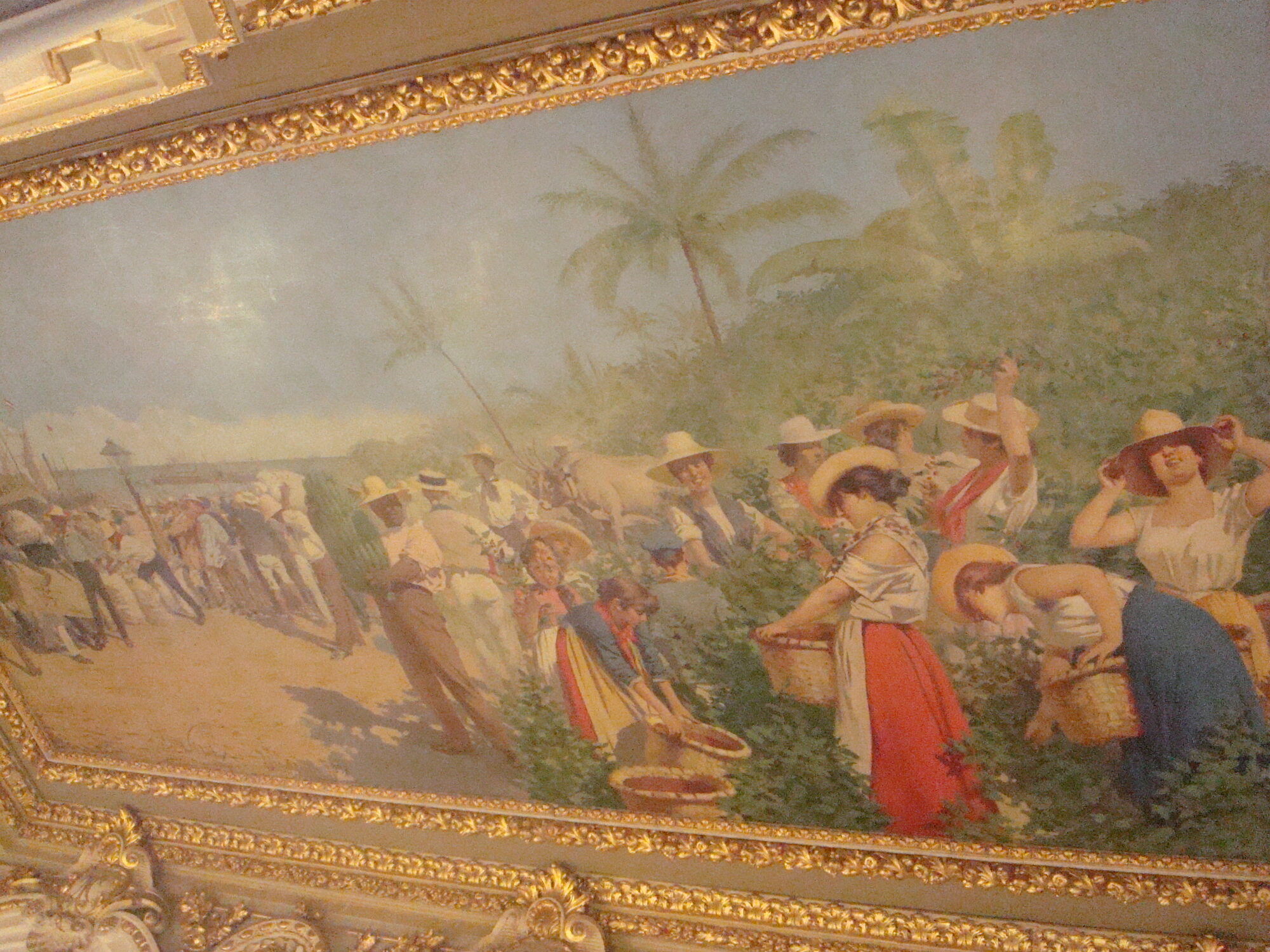 Allegorical painting depicting coffee and banana harvesting in Costa Rica