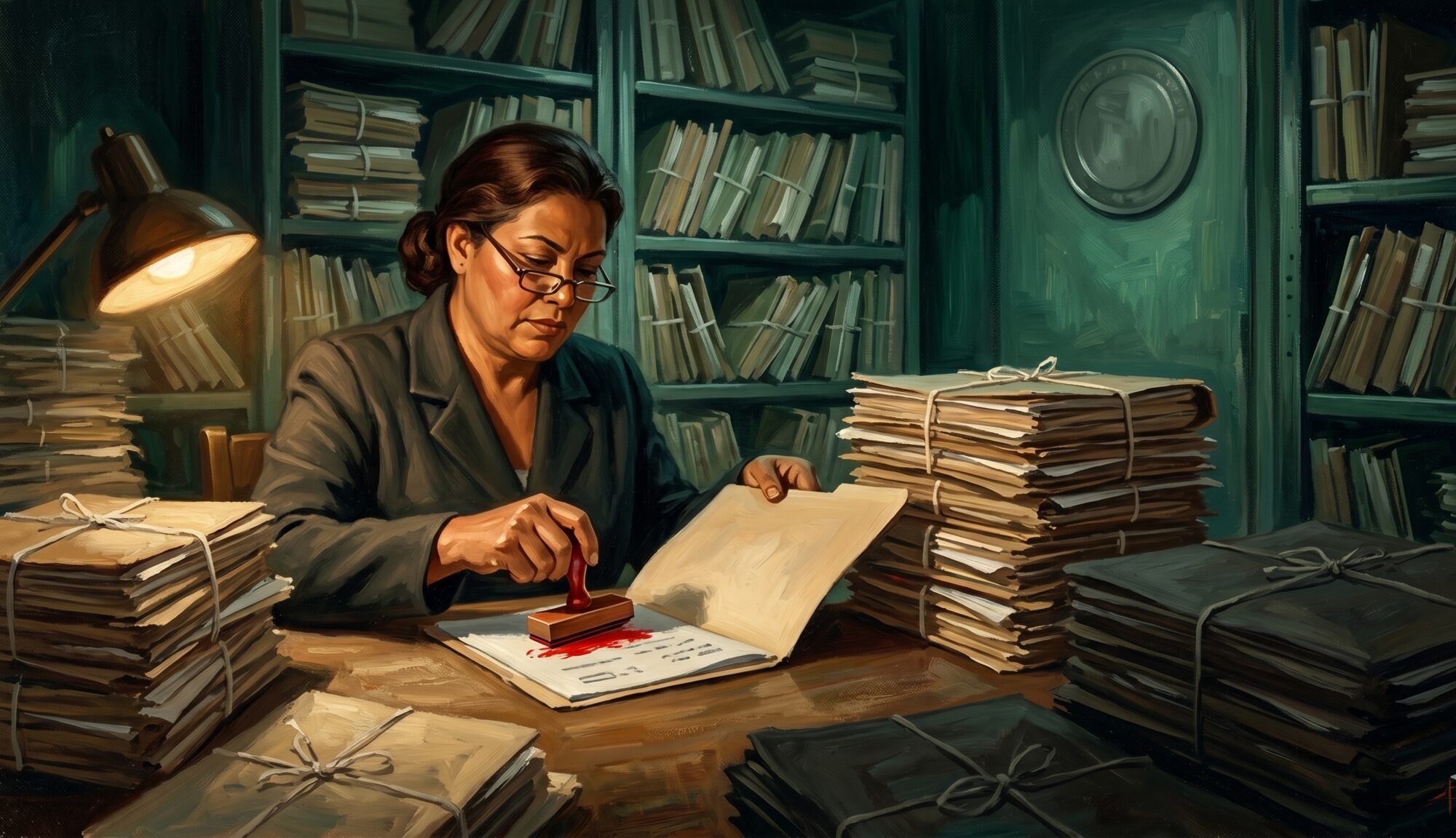 A government auditor at a lamp-lit desk presses a red stamp onto a permit folder amid towering stacks of tied case files.