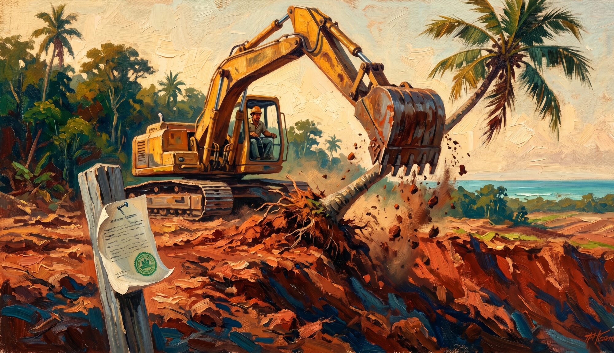 A yellow excavator tears red earth from a forested coastal bluff beside a lone stamped permit nailed to a post.