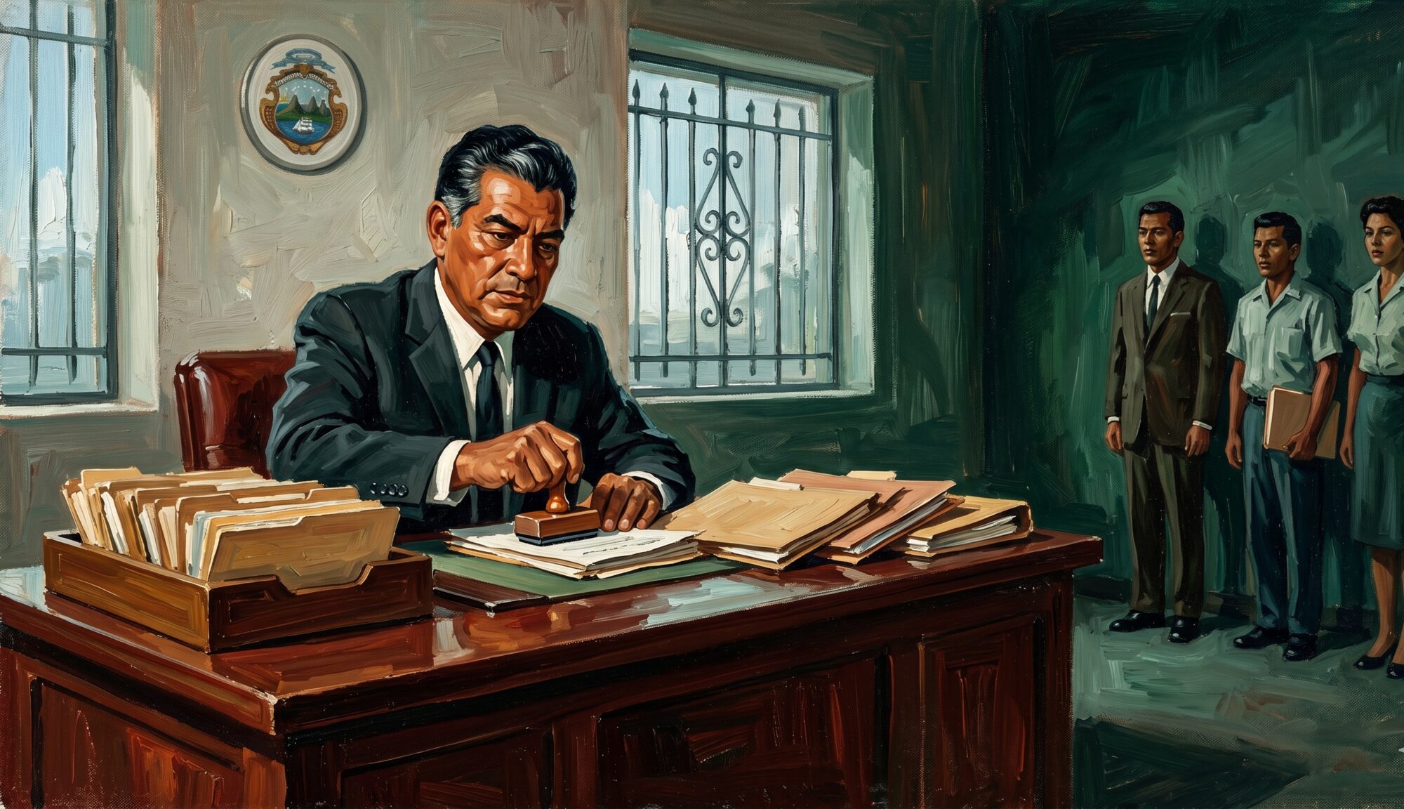 A government minister stamps documents at a large desk while subordinate technical staff stand silent in the shadows of the room.